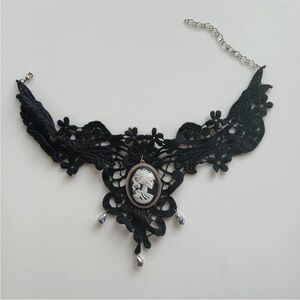 Gothic Lolita Skull Cameo Set On Black Crochet Choker Necklace Whimsigoth